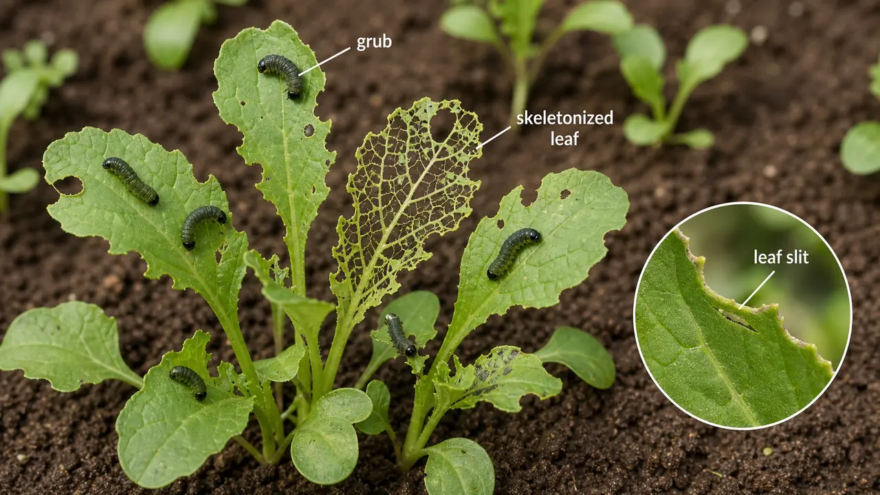 Mustard sawfly grub damage on young mustard seedlings showing Athalia lugens grubs and a skeletonized leaf