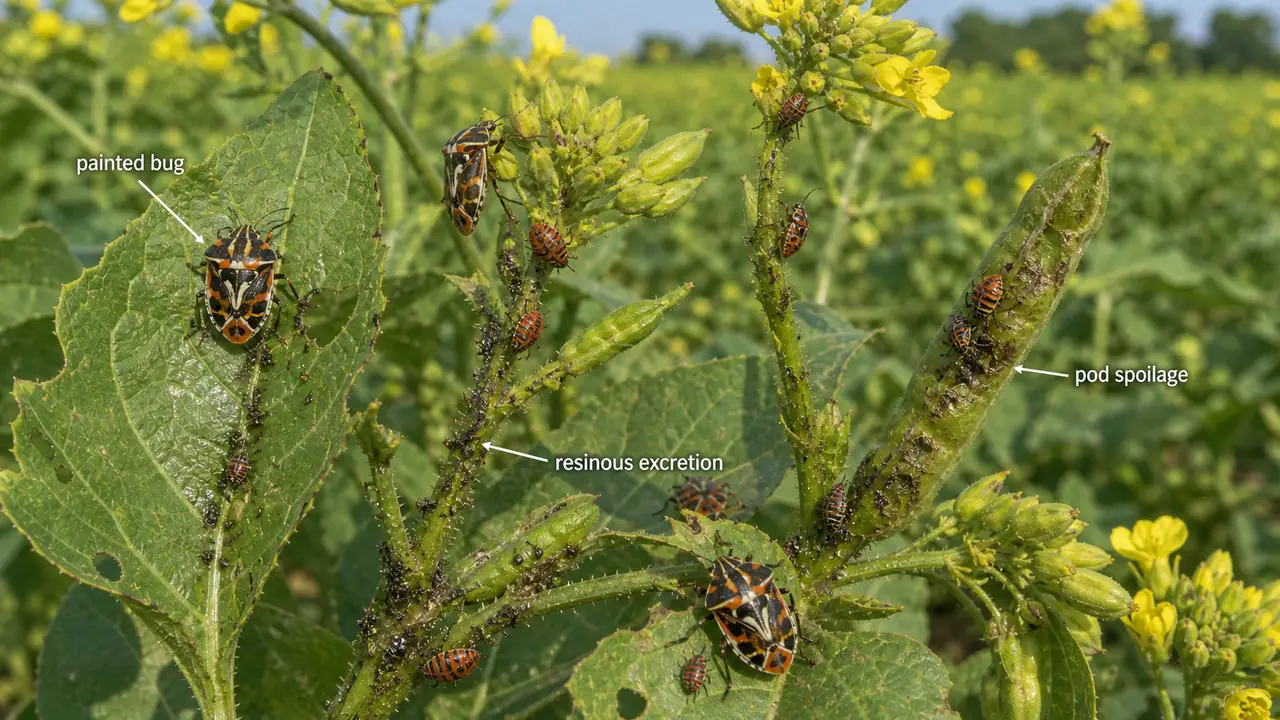 Painted bug on mustard showing Bagrada hilaris adults and nymphs with resinous excretion and pod spoilage