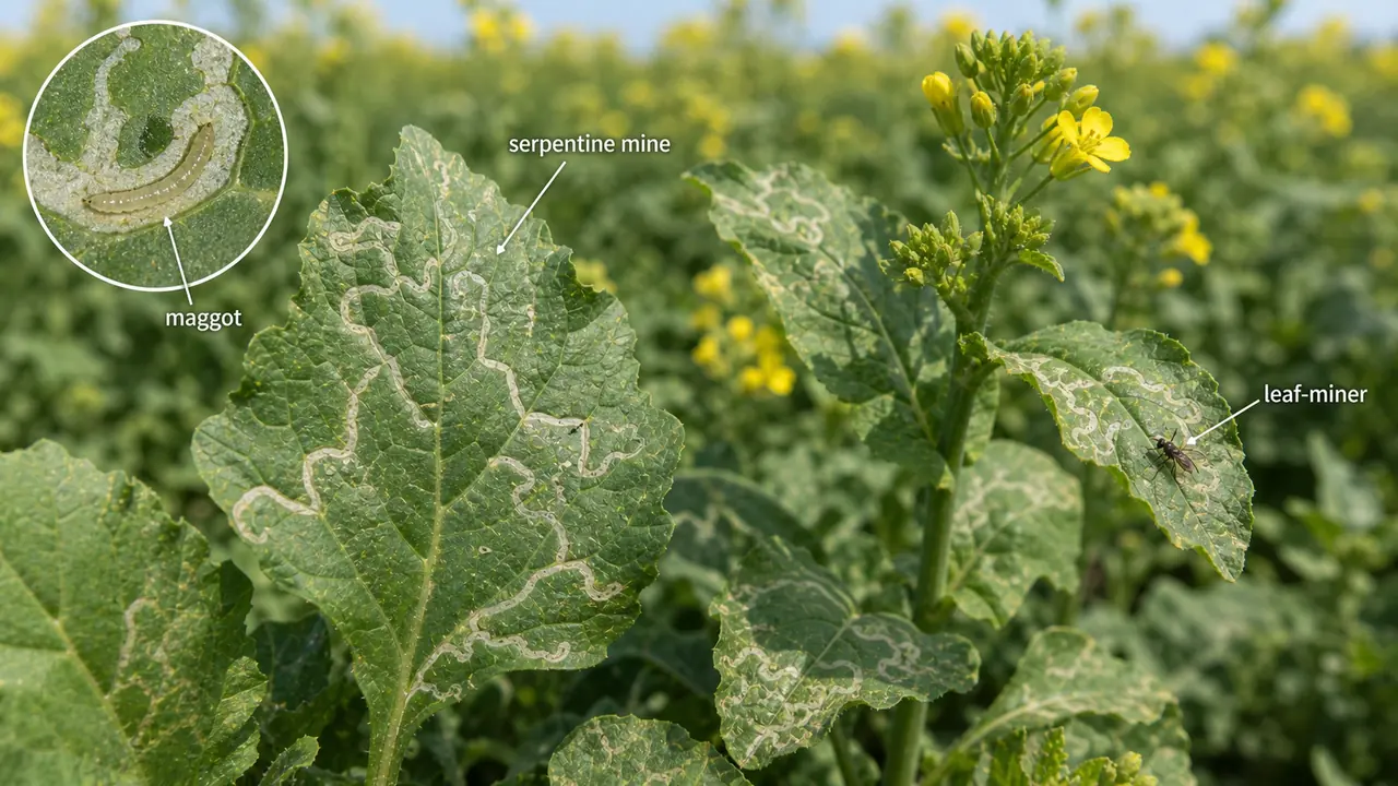 Pea leaf-miner damage on mustard showing serpentine mines and maggot between leaf surfaces
