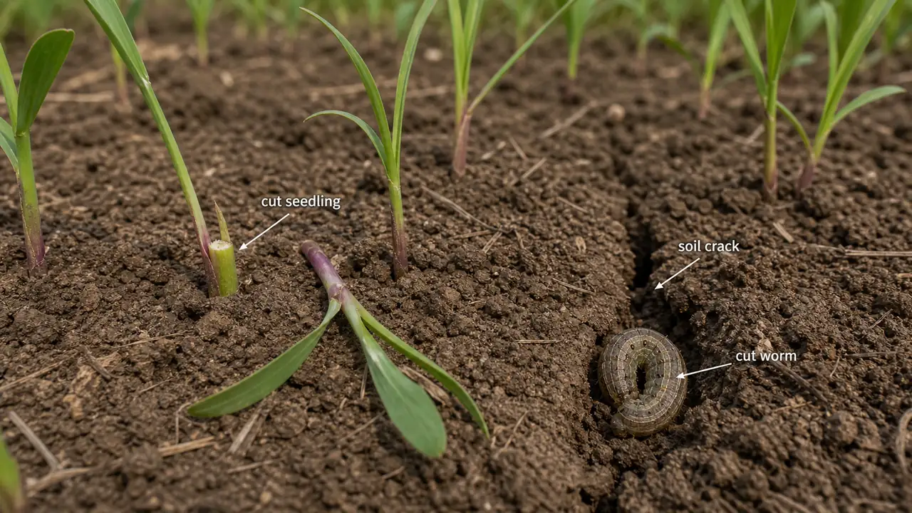 Finger millet cut worm damage showing seedlings cut at the base and a cut worm hiding in a soil crack