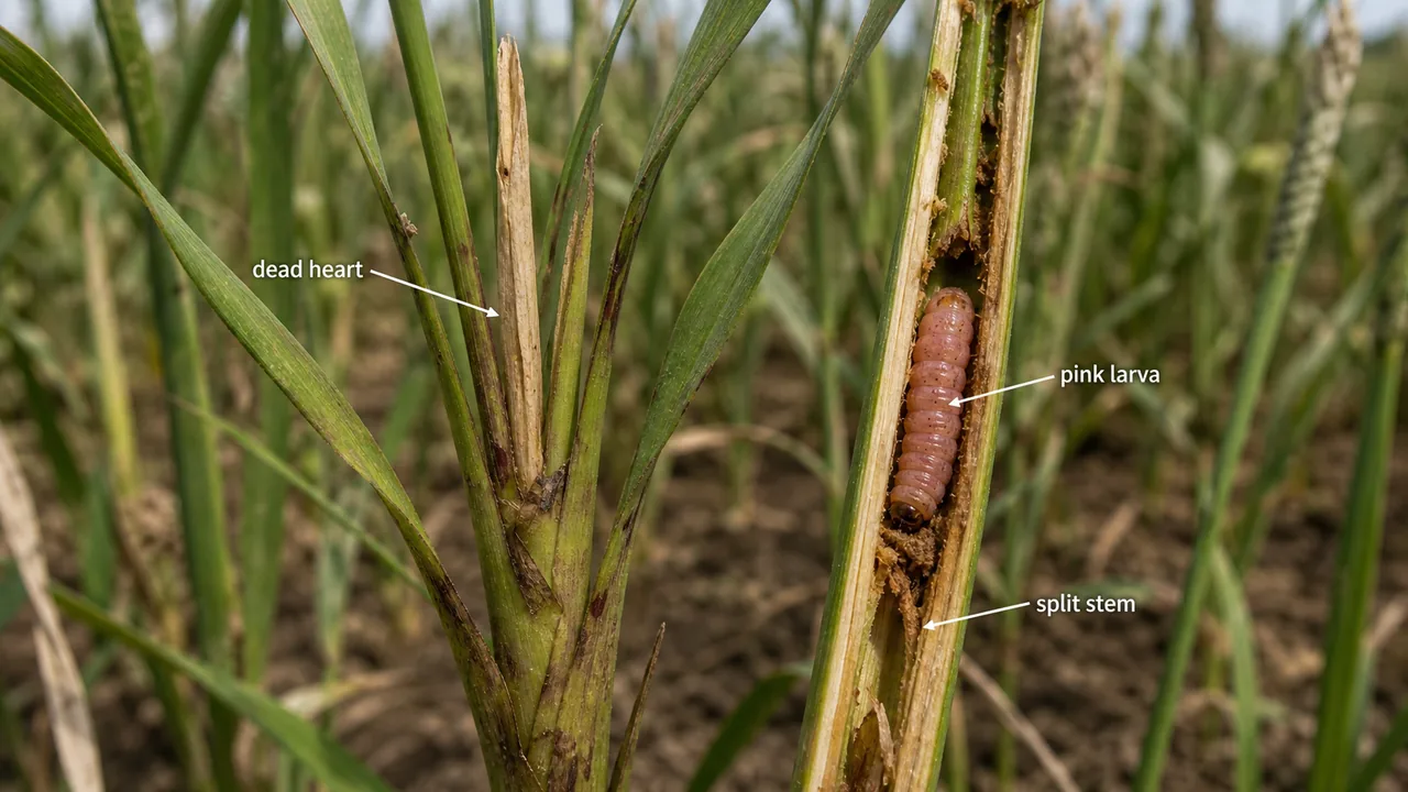 Finger millet pink stem borer damage showing dead heart and pink larva inside a split stem