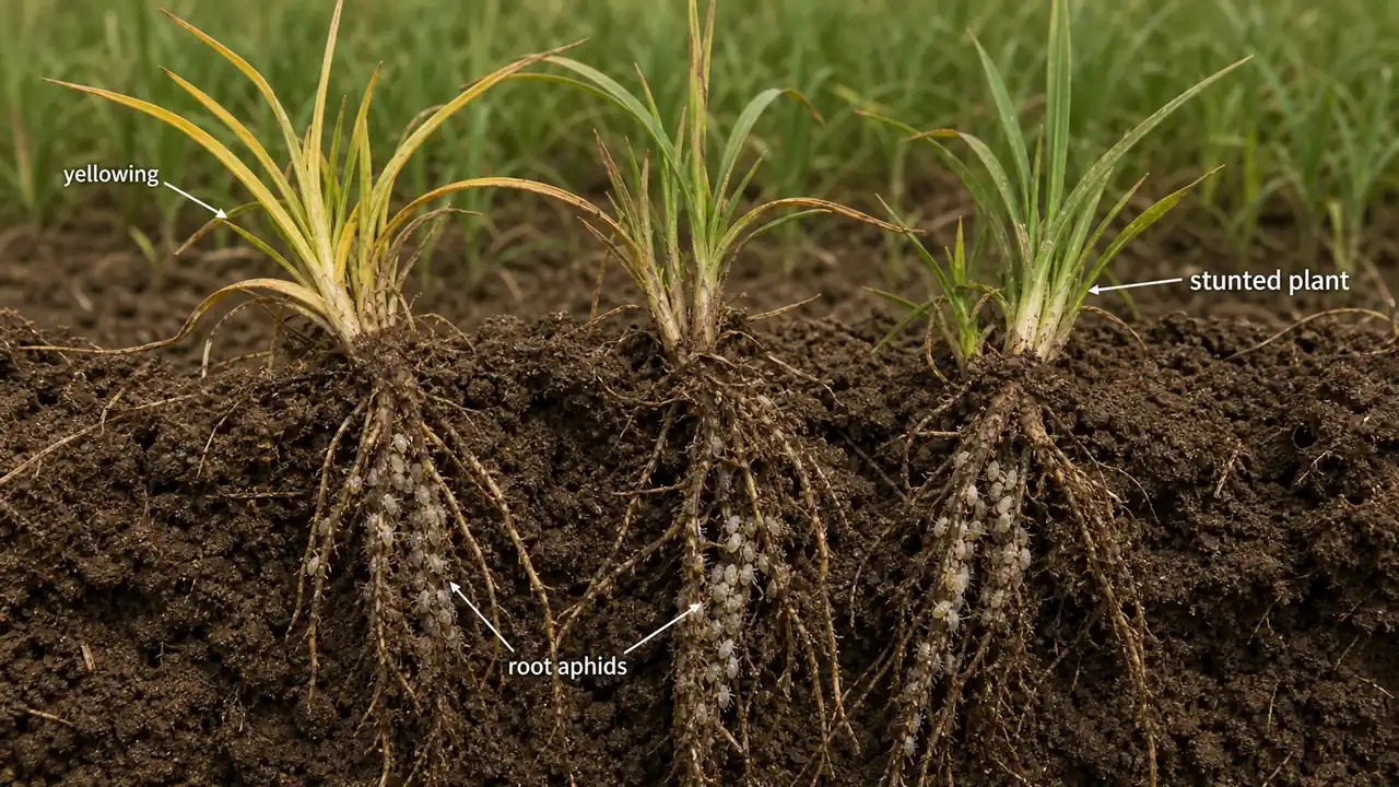 Finger millet root aphid infestation showing yellowing stunted ragi plants and whitish aphid colonies on roots