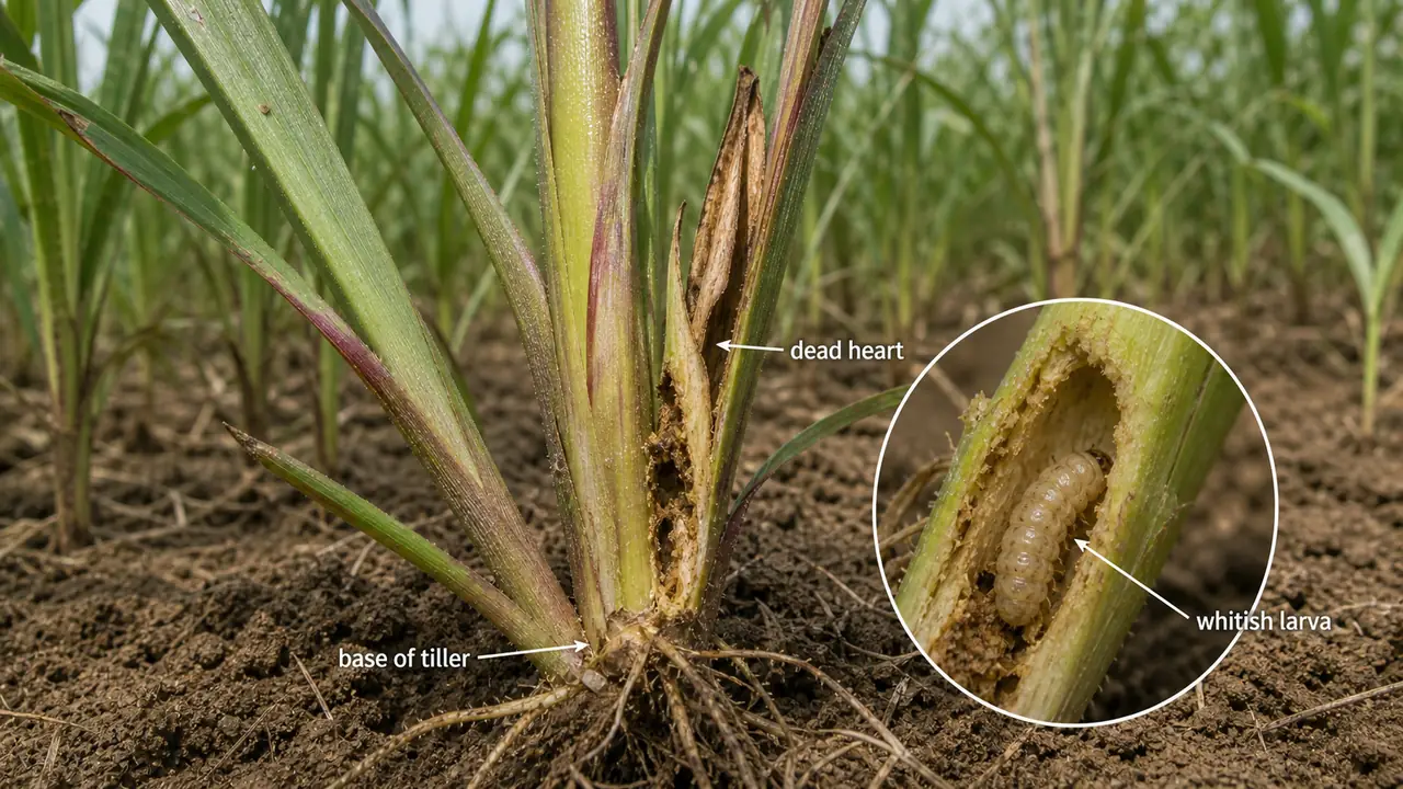 Finger millet white borer damage showing dead heart from basal tiller attack and whitish larva near soil level