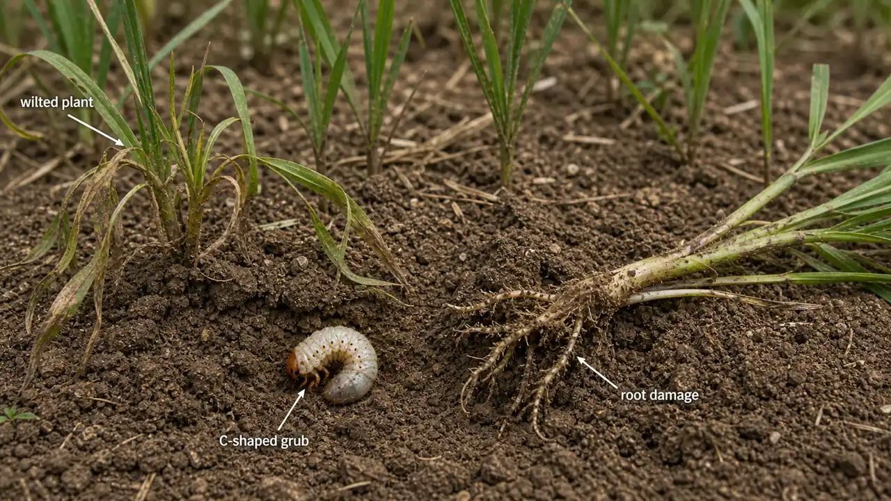 Finger millet white grub damage showing wilted plants, root destruction, and a C-shaped white grub in soil