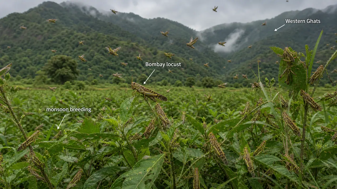 Bombay locust outbreak in lush monsoon vegetation near the Western Ghats