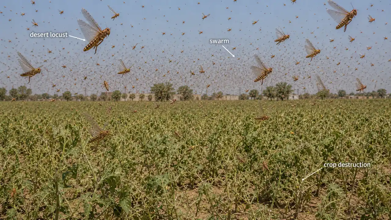 Desert locust swarm over cropland showing Schistocerca gregaria and widespread crop destruction