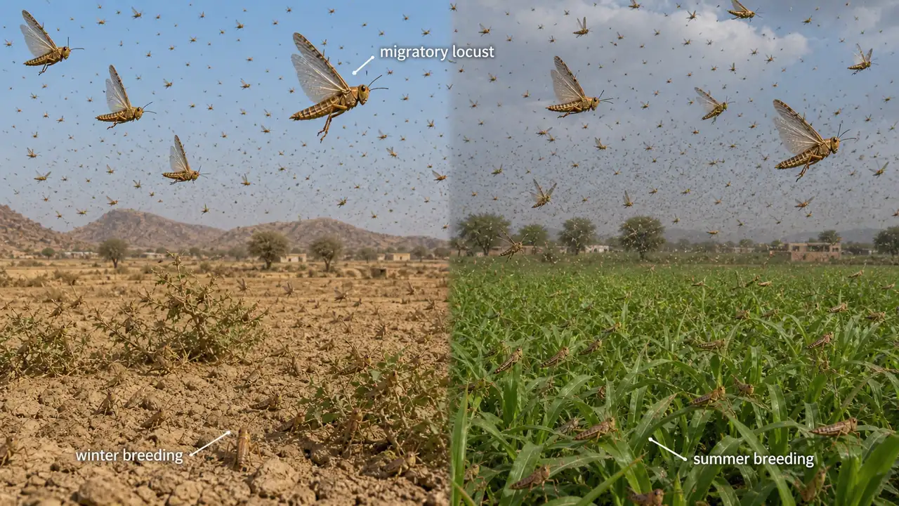 Migratory locust swarm showing winter breeding in dry terrain and summer breeding in green cropland
