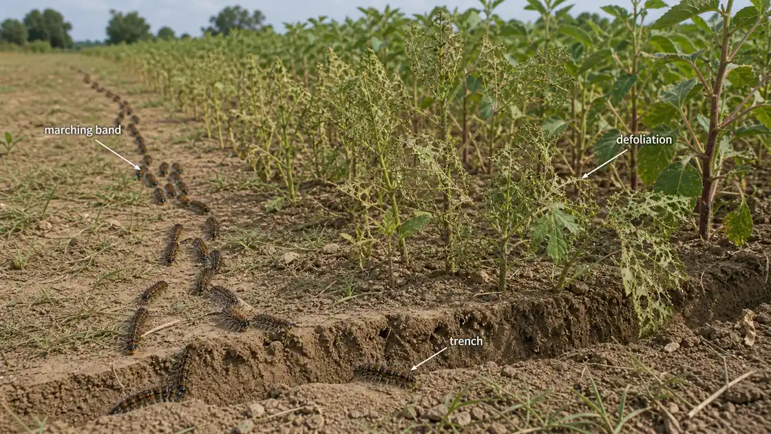 Polyphagous red hairy caterpillar marching in bands and causing defoliation in kharif crops with a trench barrier