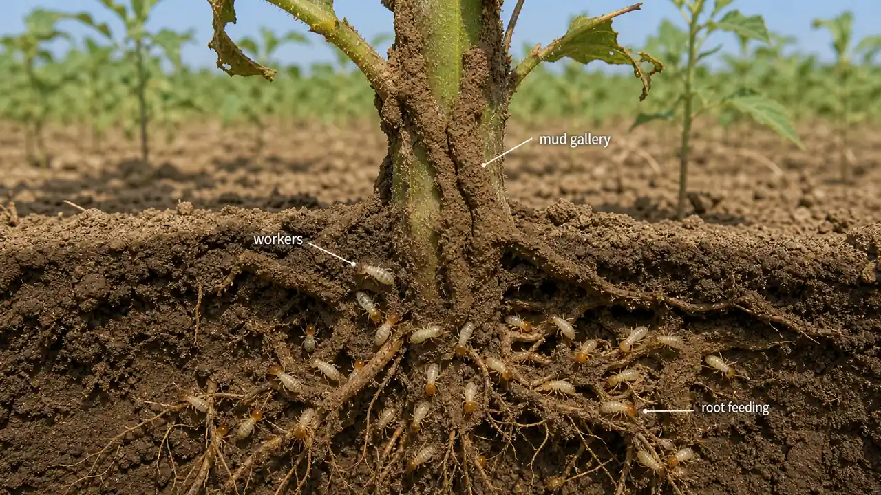 Termite workers causing crop damage with mud galleries on stems and root feeding below ground