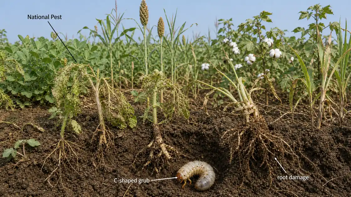 White grub as National Pest showing C-shaped grub in soil and root damage across mixed kharif crops