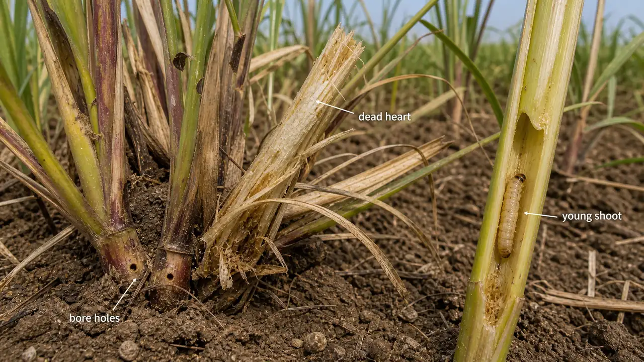 Early shoot borer damage in young sugarcane showing bore holes near ground level, dead heart, and larva inside a split young shoot