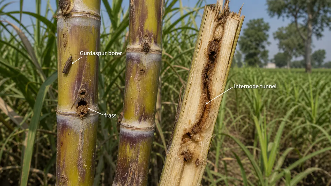 Gurdaspur borer damage in sugarcane showing internode entry holes with frass and an opened cane with internal tunnel damage