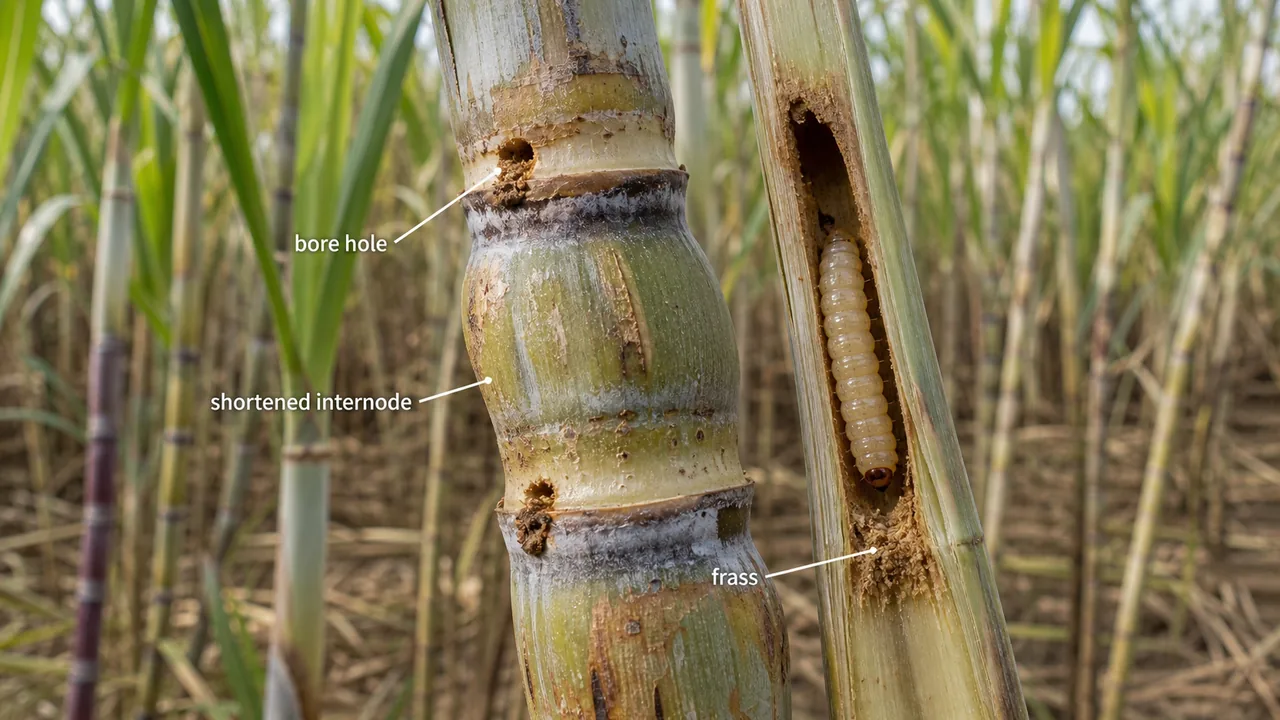 Internode borer damage in sugarcane showing shortened internode, bore holes with frass, and a larva inside an opened internode tunnel