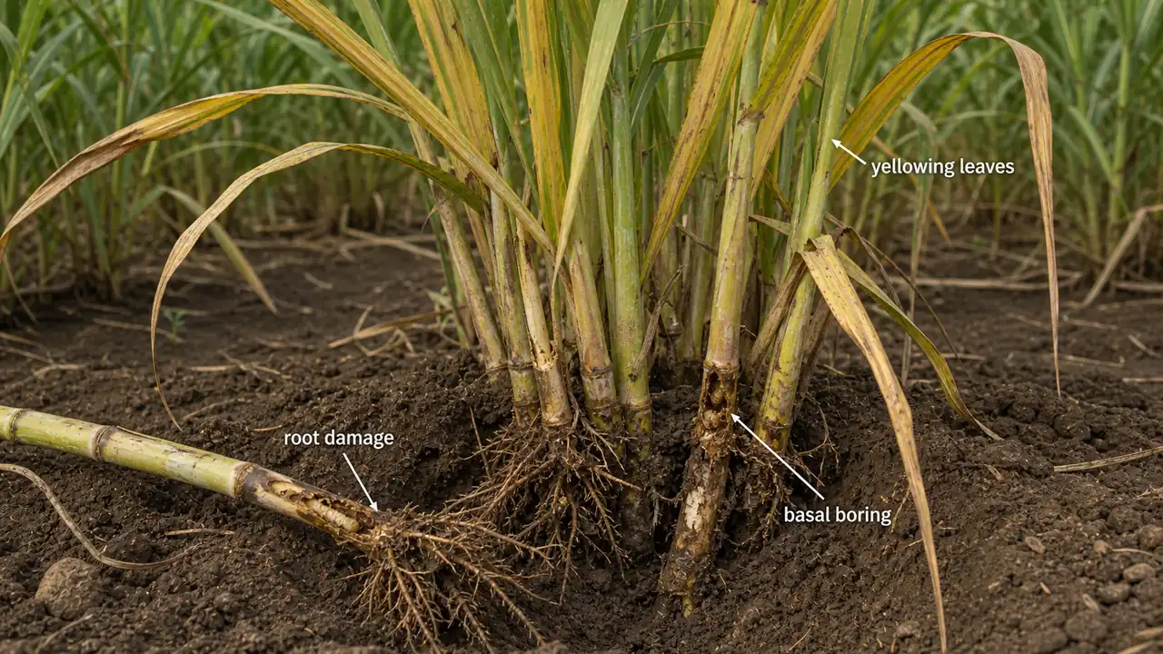 Root borer damage in sugarcane showing yellowing leaves, basal boring near soil line, and damaged roots in a pulled cane