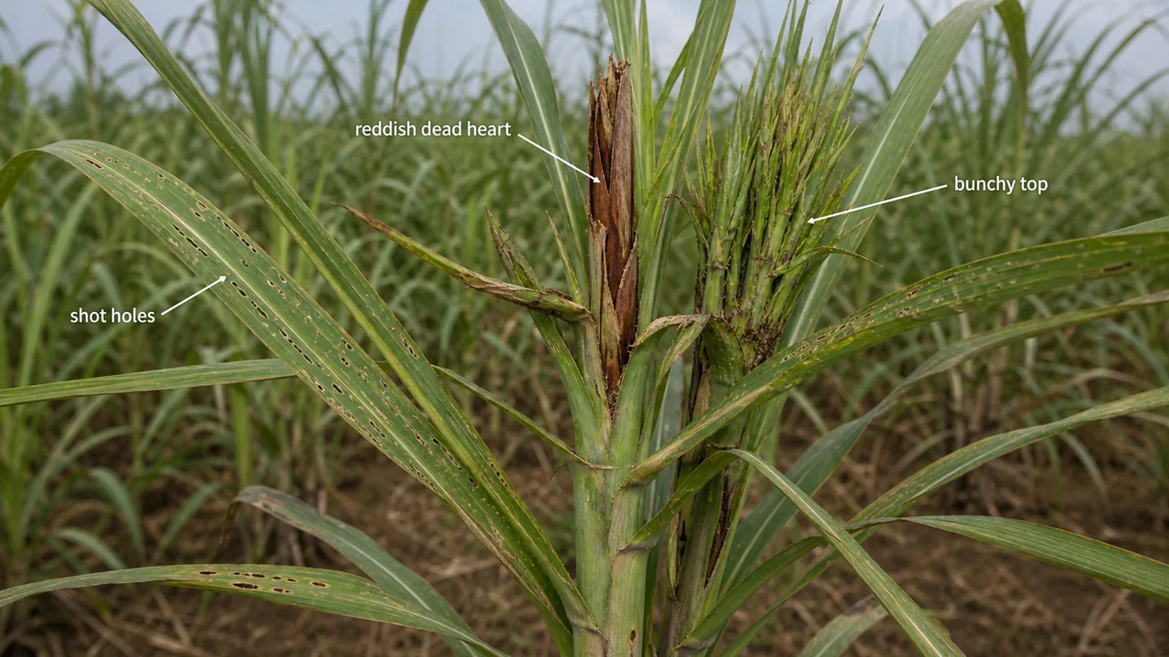Top borer damage in mature sugarcane showing reddish-brown dead heart, shot holes in leaves, and bunchy top formation