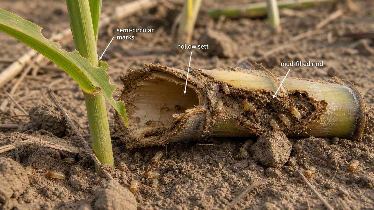 Sugarcane termite damage showing a hollow sett, mud-filled rind, creamy workers, and semi-circular feeding marks on the leaf margin