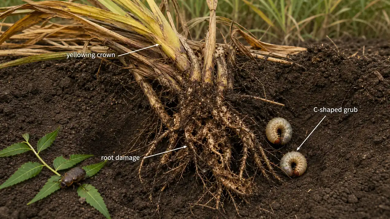 Sugarcane white grub damage showing C-shaped larvae near the root zone, root destruction, and yellowing crown symptoms