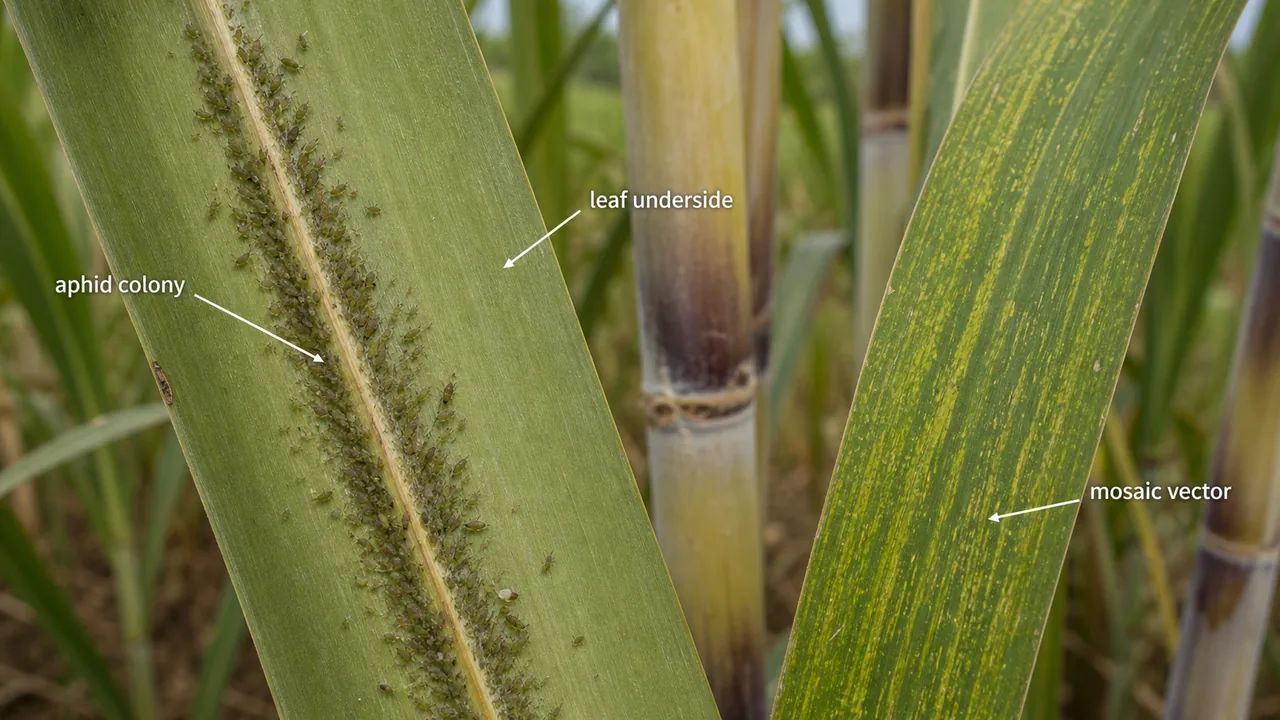 Sugarcane aphid colony on leaf underside with mosaic-like streaking shown as virus-vector context