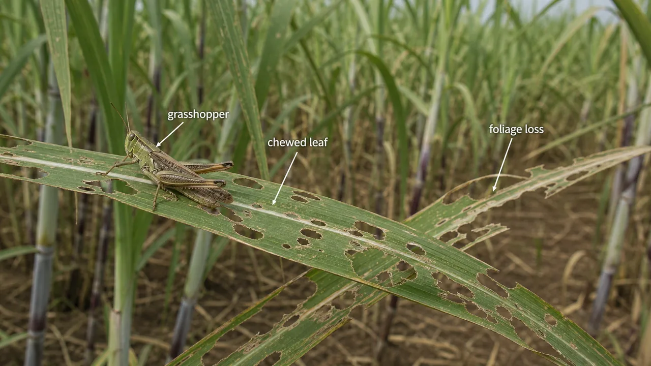 Sugarcane grasshopper feeding on foliage and causing irregular chewing damage