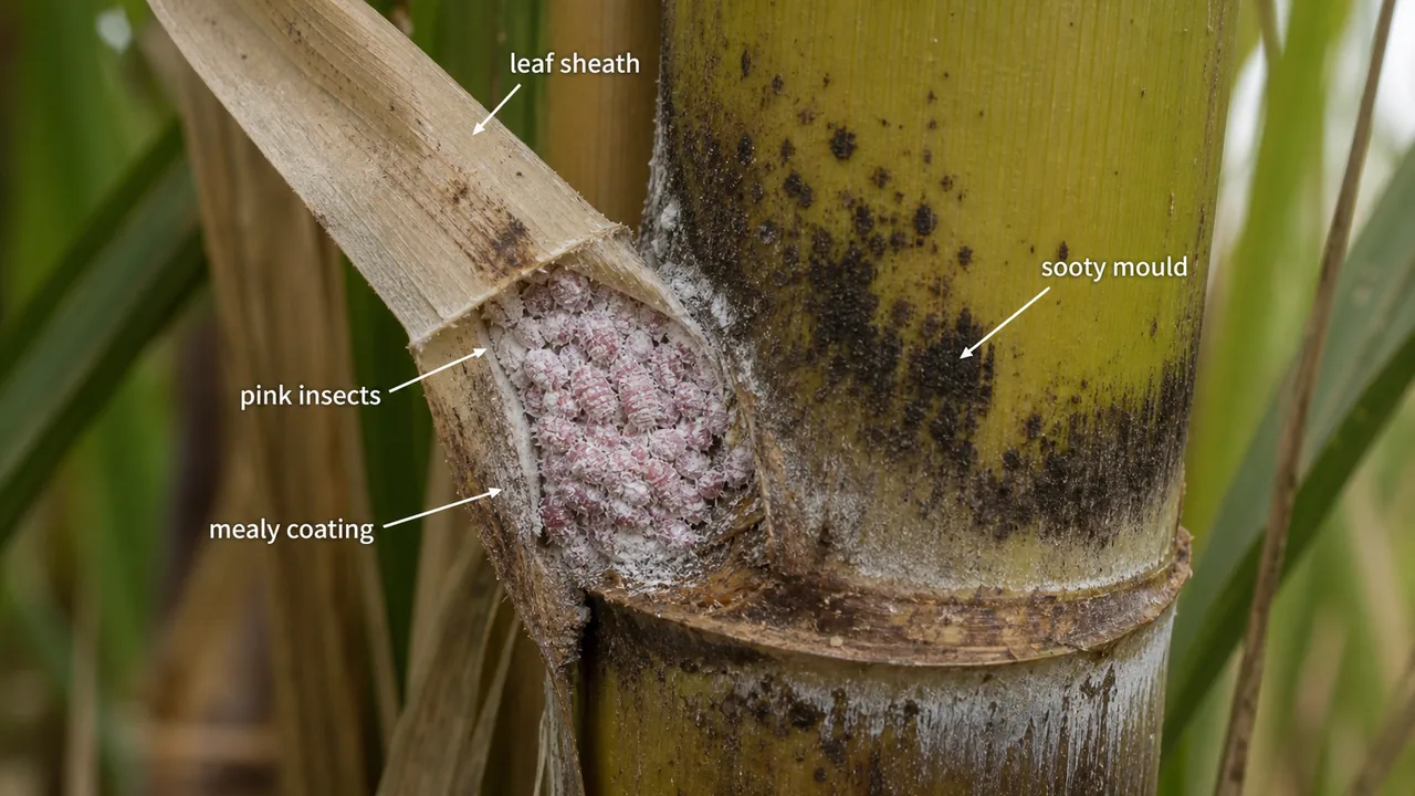 Sugarcane mealybug hidden under the leaf sheath showing pink insects, whitish mealy coating, and sooty mould on the cane