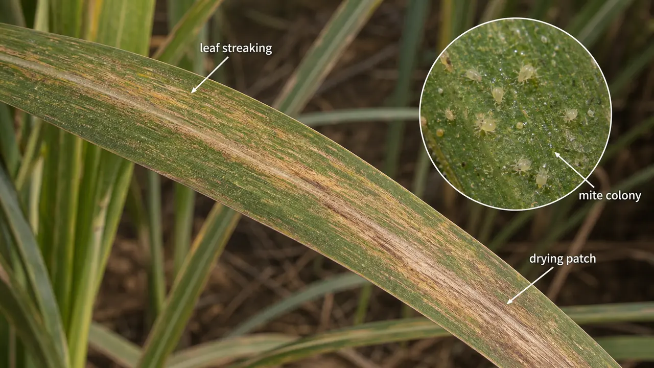 Sugarcane mite damage showing bronzed streaking and drying patches with magnified mite colonies on the leaf surface