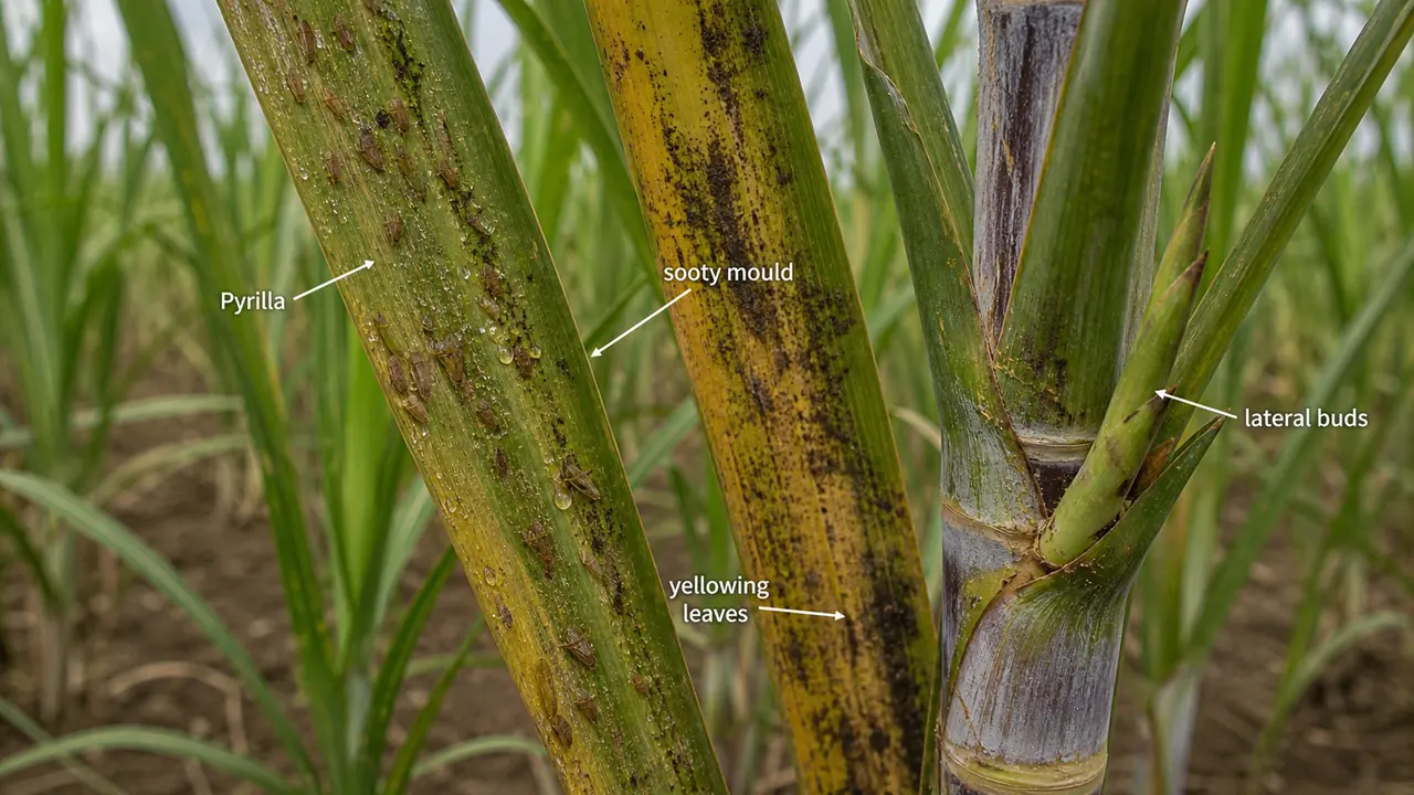 Sugarcane Pyrilla infestation showing wedge-shaped Pyrilla insects, sooty mould, yellowing leaves, and lateral bud germination