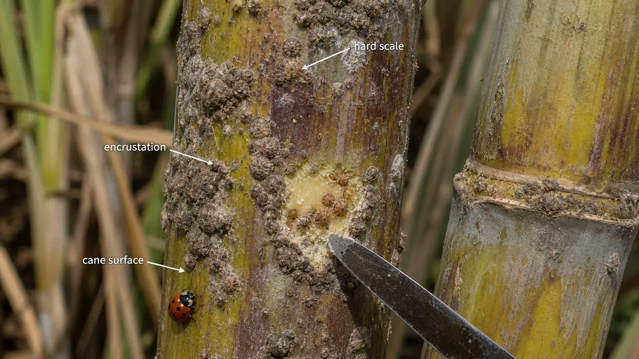 Sugarcane scale insect infestation showing hard encrustation on cane surface and exposed live scales after scraping