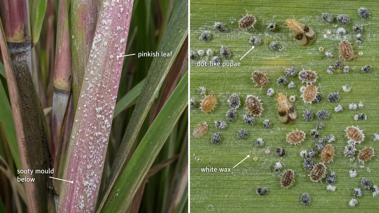 Sugarcane whitefly comparison showing pinkish Aleurolobus barodensis damage with sooty mould below and Neomaskellia dot-like pupae with white wax on leaf underside