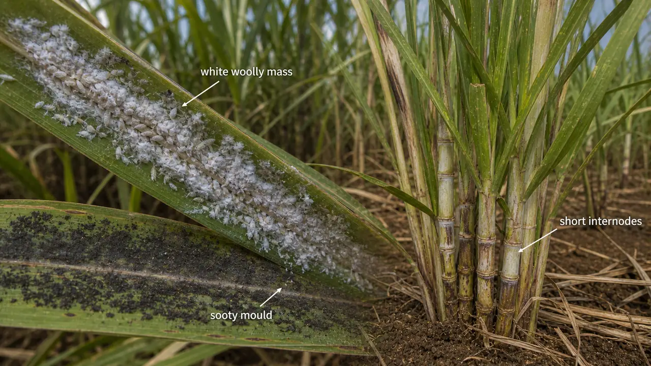 Sugarcane woolly aphid showing white woolly mass on leaf underside, sooty mould, and short internodes in affected canes