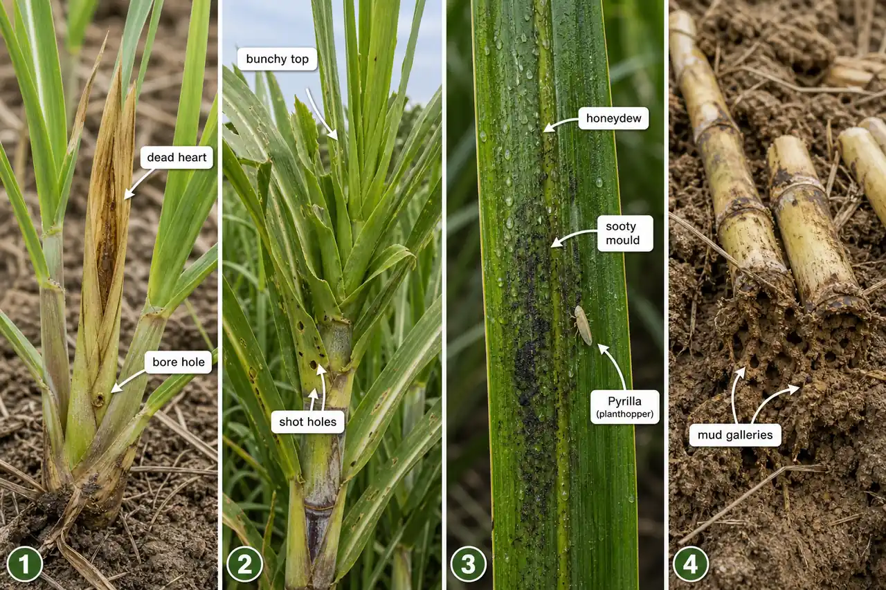 Sugarcane field diagnosis board comparing dead heart with bore hole, bunchy top with shot holes, Pyrilla honeydew and sooty mould, and termite mud galleries on setts