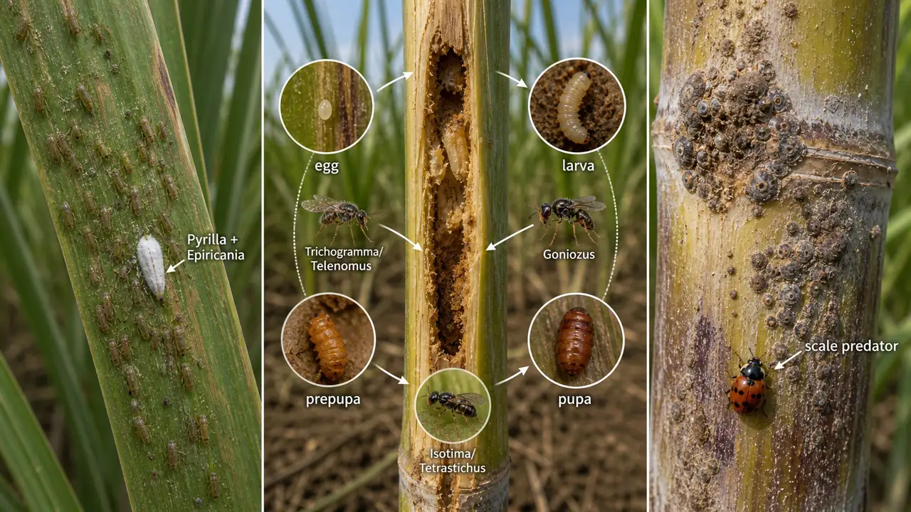 Sugarcane biological control visual showing Pyrilla with Epiricania, top borer life stages with parasitoid groups, and scale insects with a ladybird predator