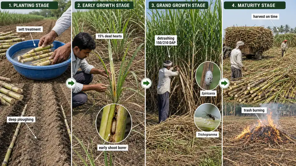 Season-wise sugarcane IPM calendar showing sett treatment and deep ploughing at planting, 15 percent dead-heart scouting in early growth, detrashing with Epiricania and Trichogramma during grand growth, and harvest sanitation at maturity