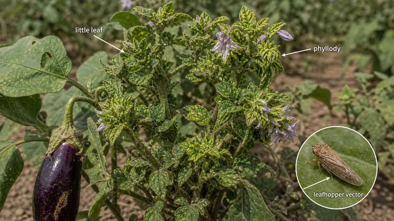 Brinjal little leaf disease showing bushy growth, phyllody, and a leafhopper vector inset