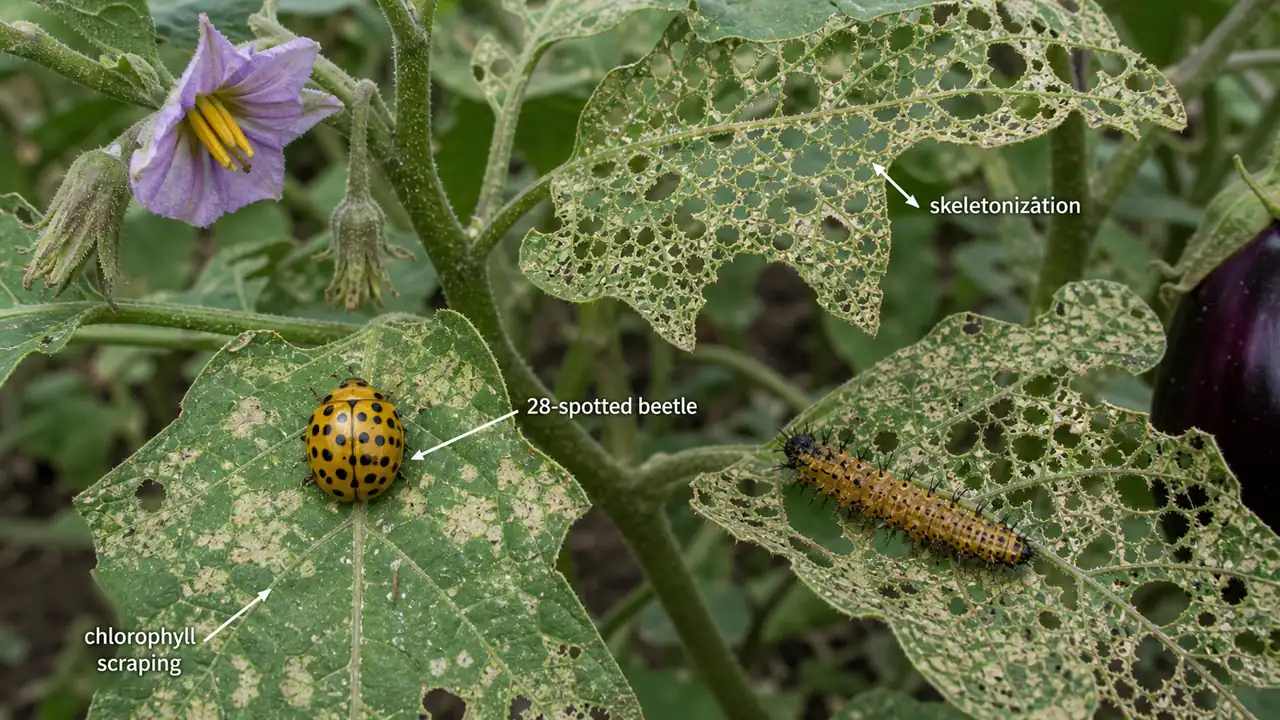 Hadda beetle damage on brinjal showing 28-spotted beetle, grub, and skeletonized leaves after chlorophyll scraping