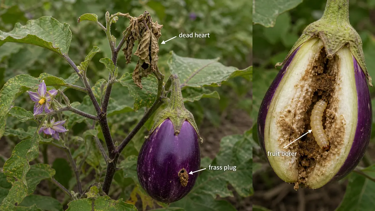 Brinjal shoot and fruit borer damage showing dead heart in terminal shoots and fruit bore holes plugged with frass