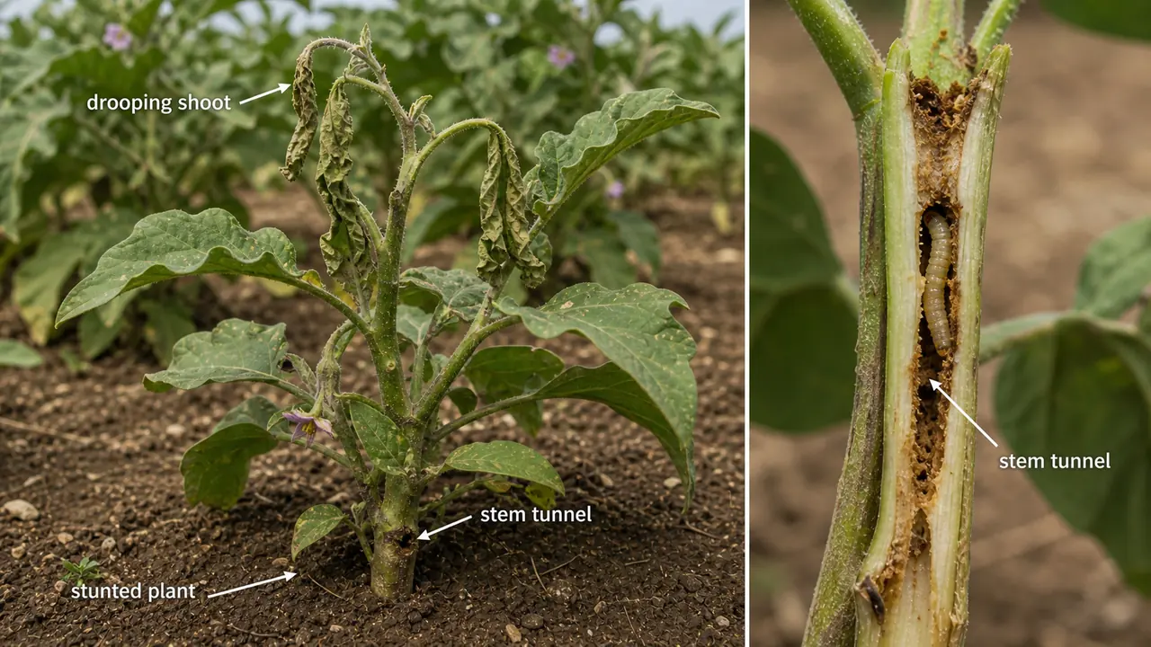Brinjal stem borer damage showing drooping top shoots, stem tunnelling, and stunted growth