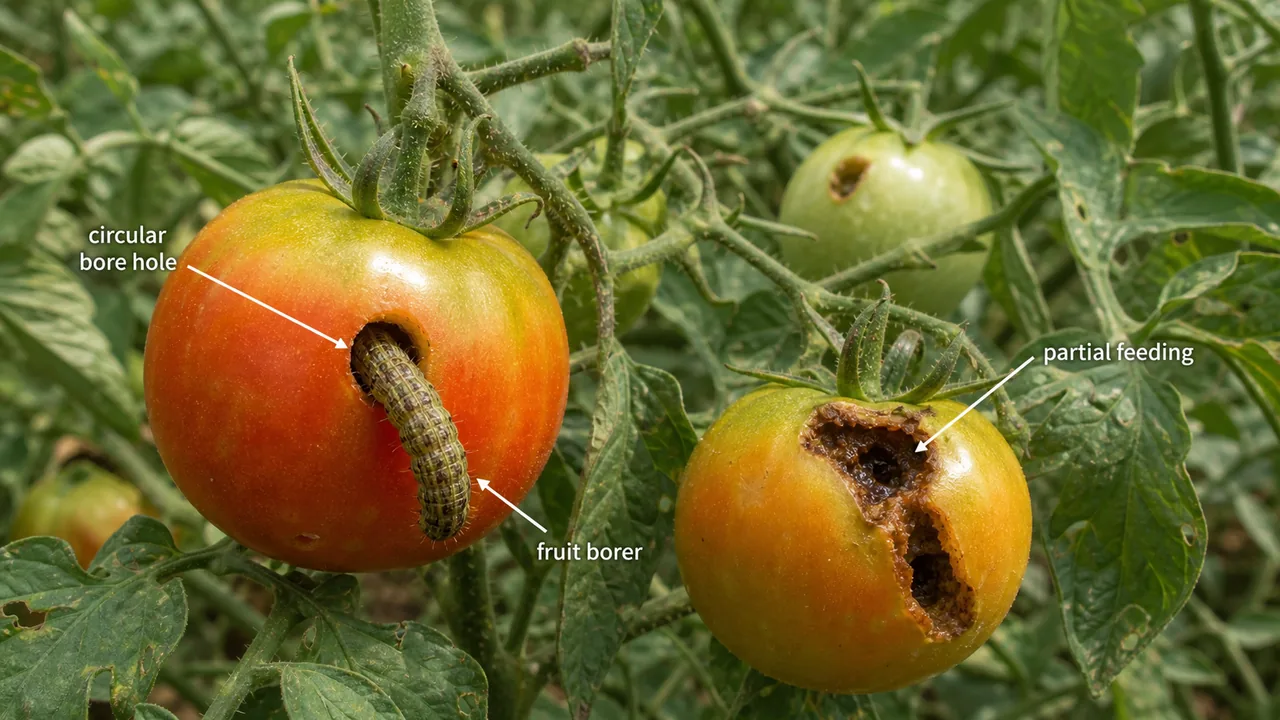 Tomato fruit borer damage showing Helicoverpa caterpillar partly inserted into tomato fruits through circular bore holes