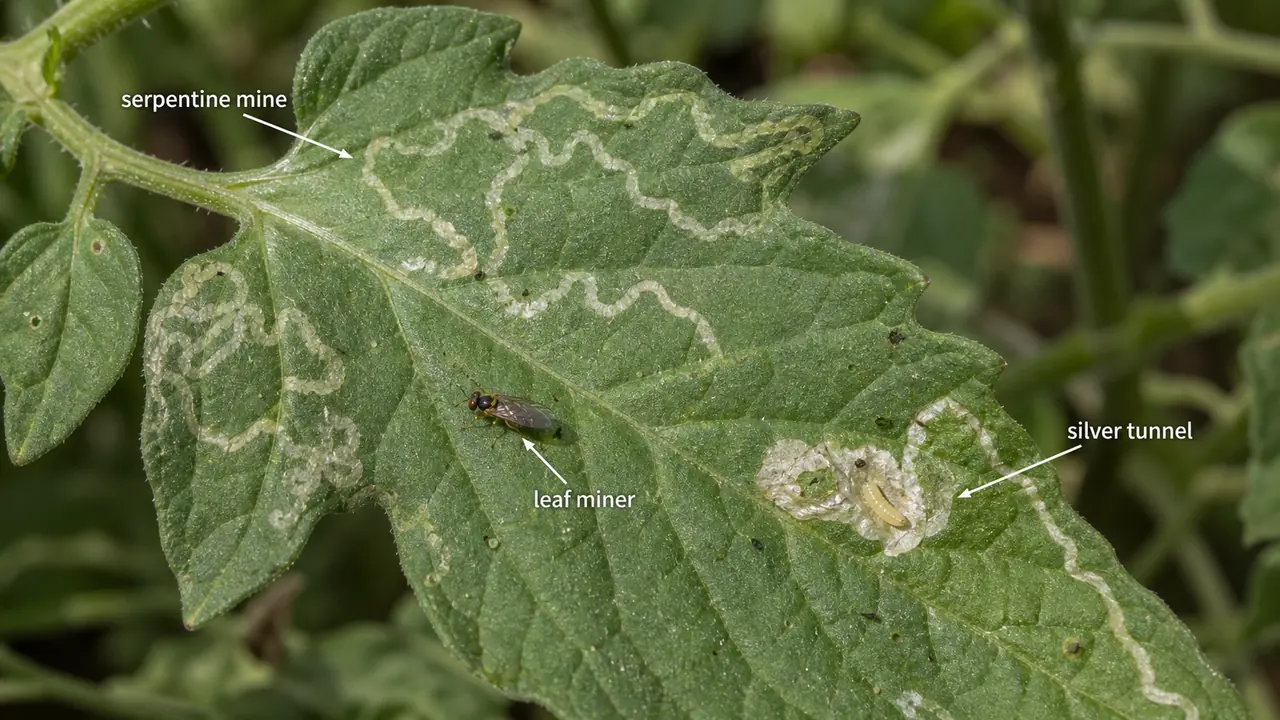 Serpentine leaf miner damage on tomato showing winding silver tunnels across the leaf blade