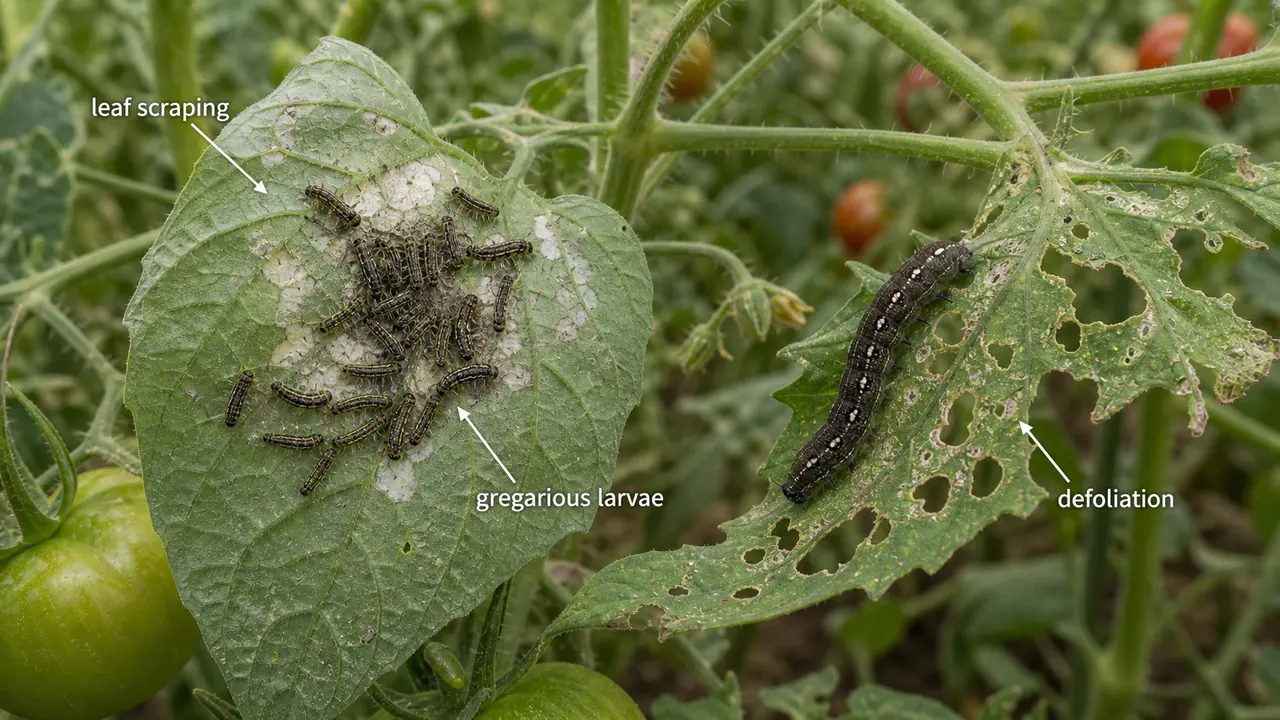 Spodoptera litura damage on tomato showing gregarious young larvae scraping leaves and an older caterpillar causing defoliation
