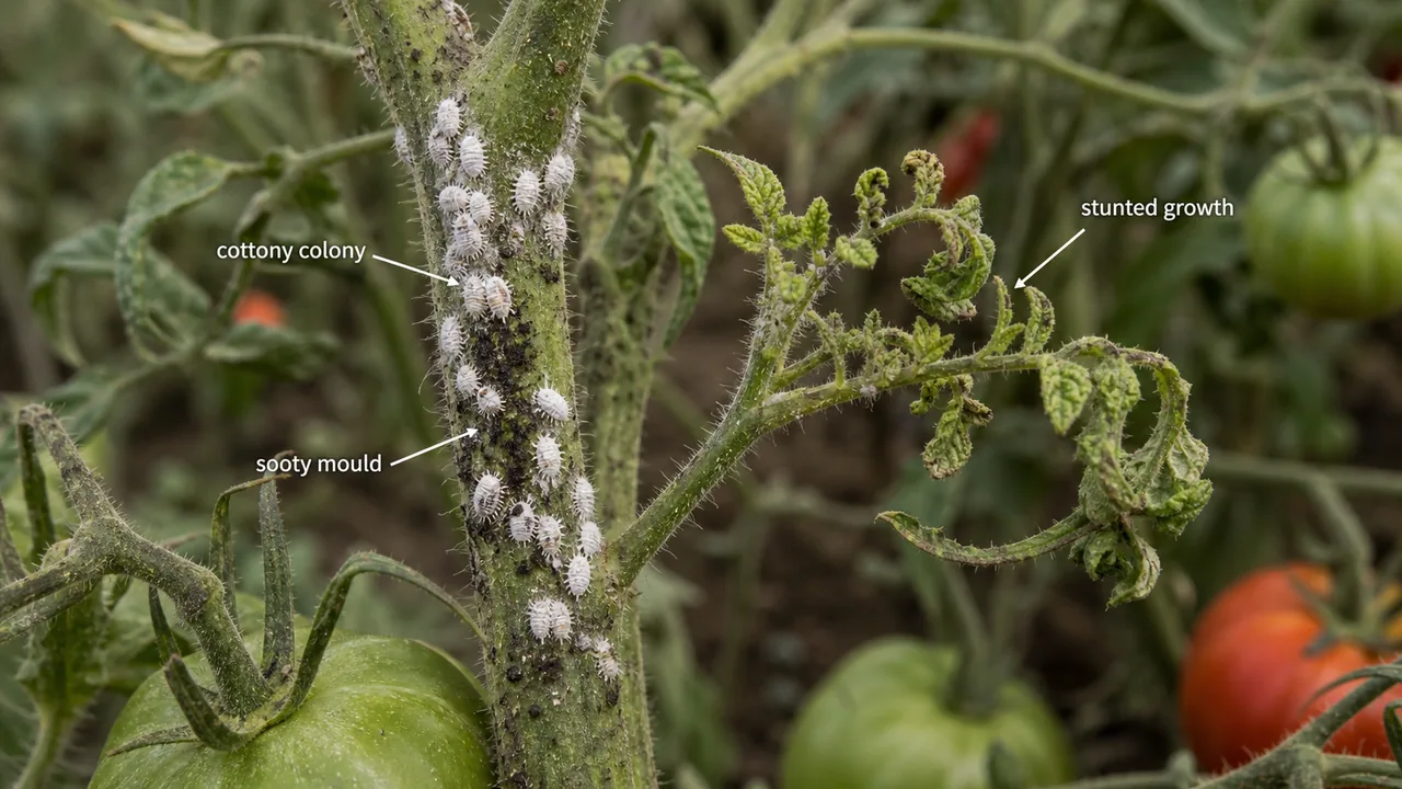 Striped mealybug infestation on tomato showing cottony colonies, sooty mould, and stunted young growth