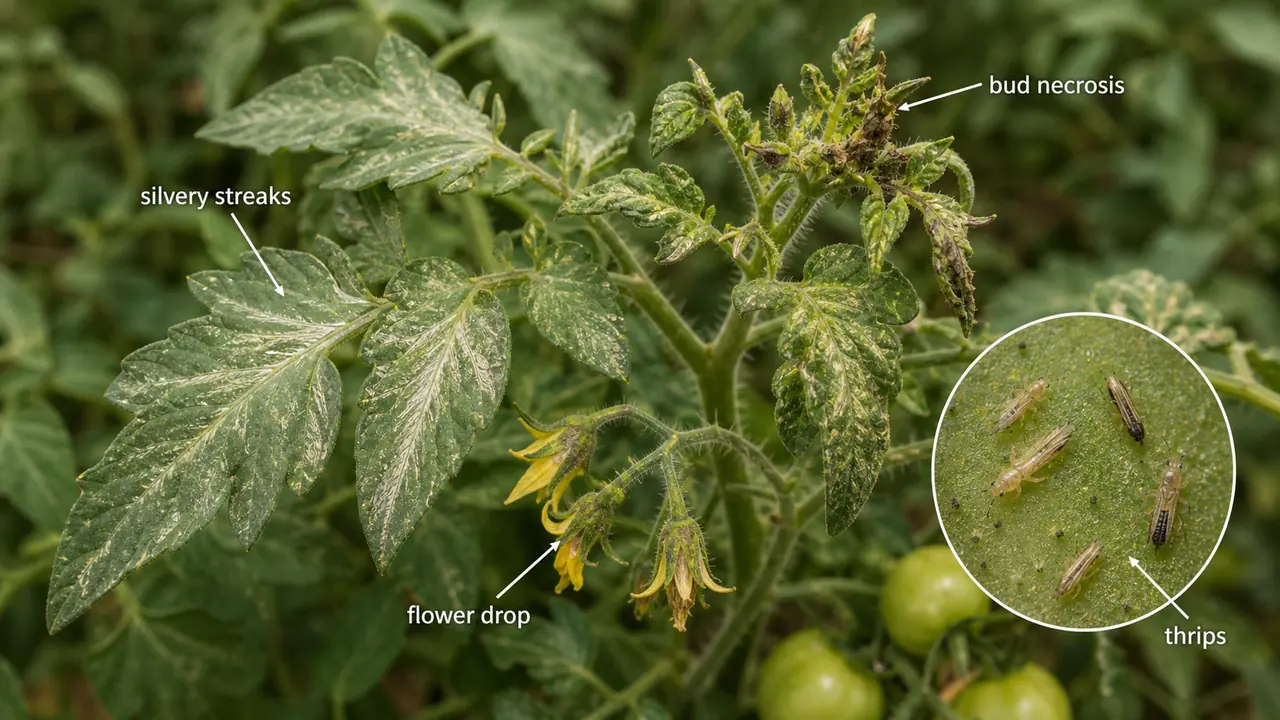 Thrips damage on tomato showing silvery streaks, flower drop, and bud necrosis with a small inset of thrips