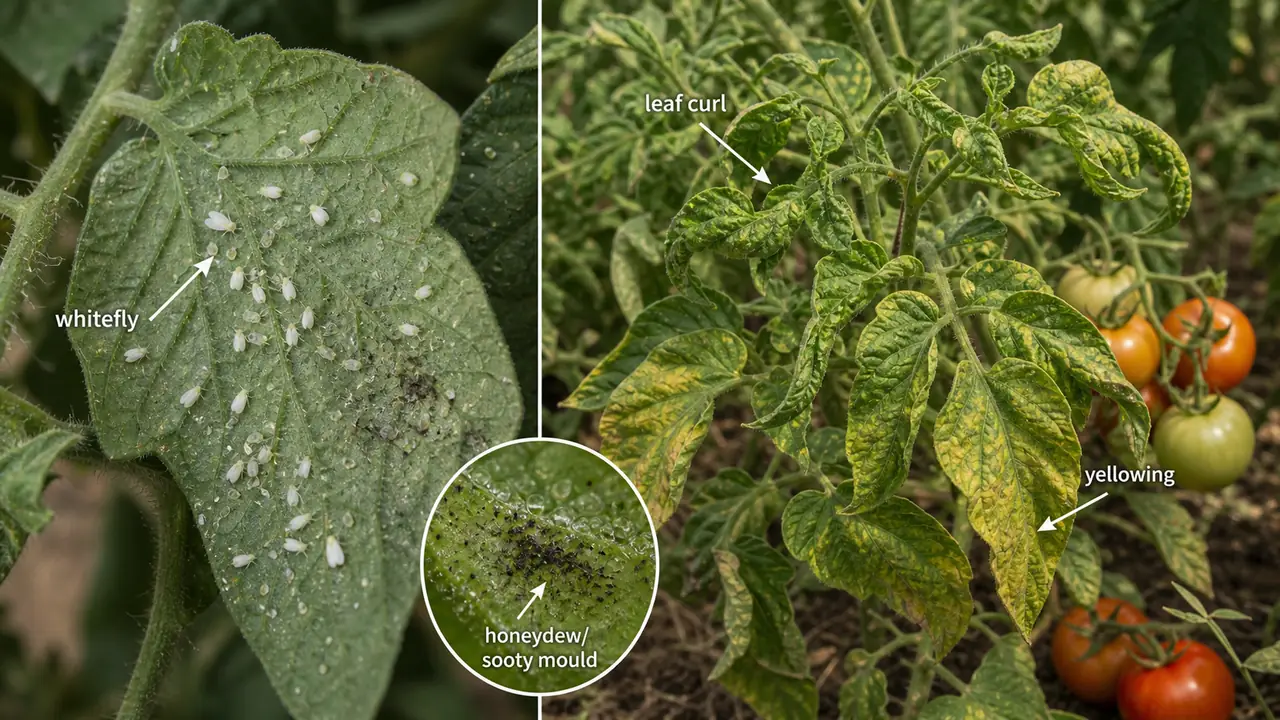 Tomato whitefly infestation showing Bemisia on leaf underside with leaf curl and yellowing symptoms in infected tomato plants