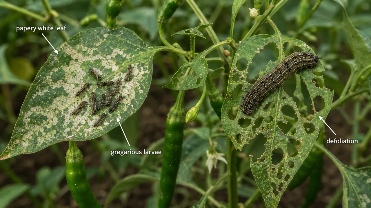 Spodoptera litura damage in chilli showing papery white scraping by young larvae and defoliation by older caterpillars