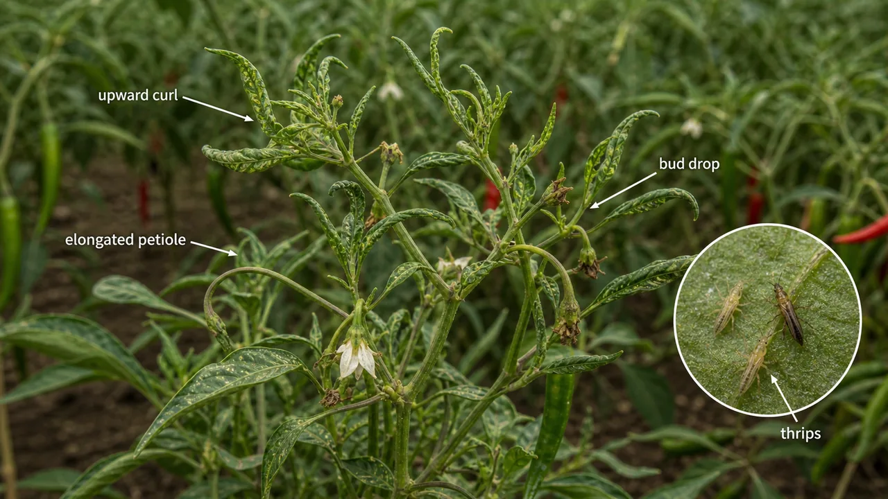 Chilli thrips damage showing upward curling leaves, elongated petioles, bud drop, and a small inset of thrips