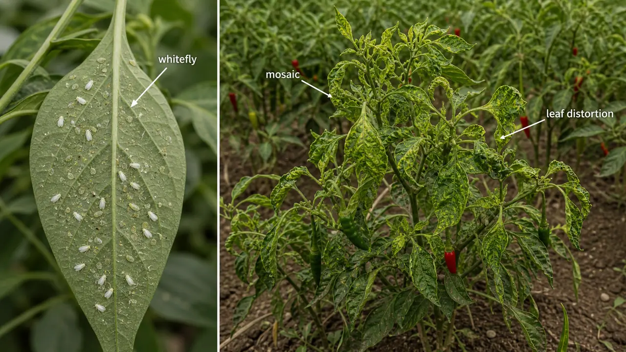 Chilli whitefly infestation showing Bemisia on leaf underside with mosaic and distorted chilli foliage