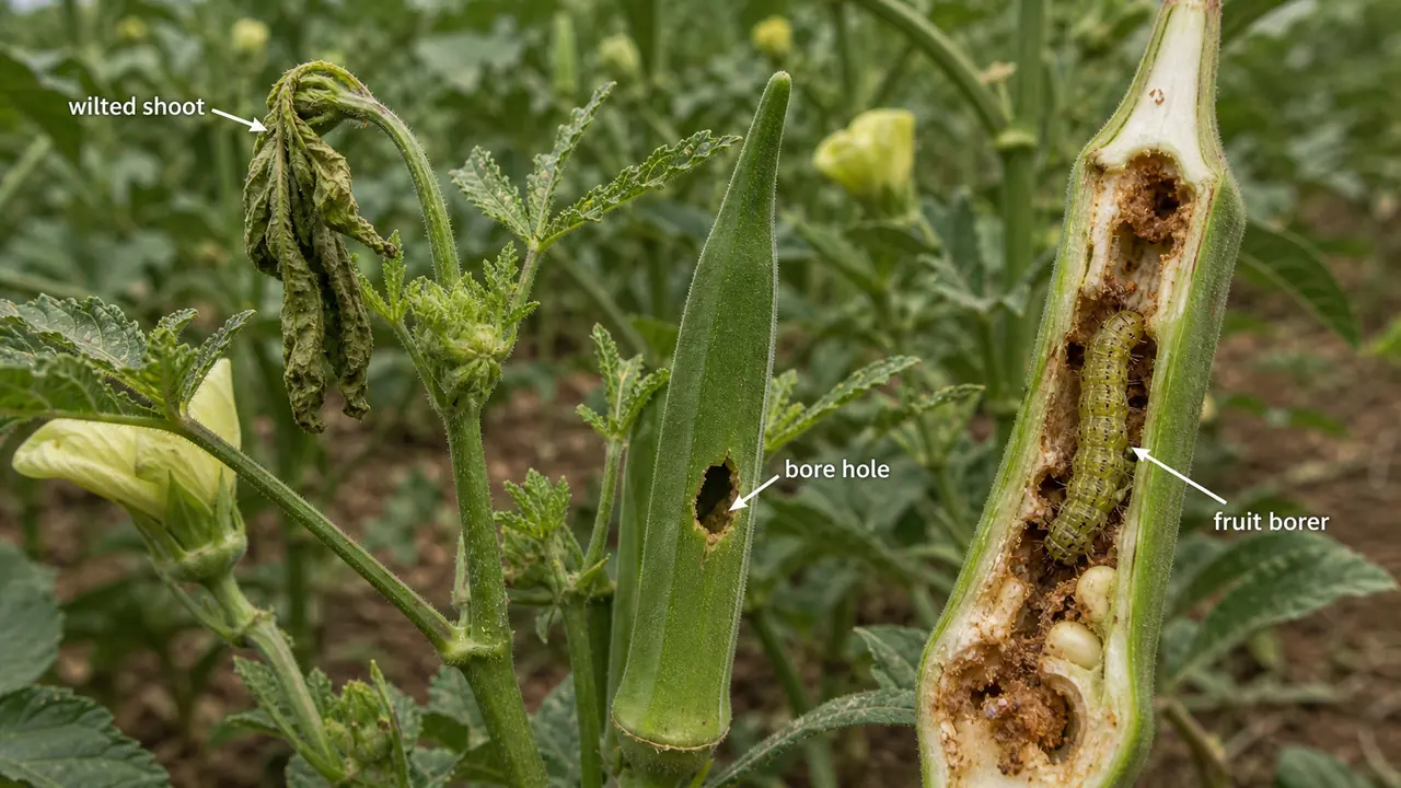 Okra shoot and fruit borer damage showing wilted shoot, bore hole, and Earias larva feeding inside okra fruit
