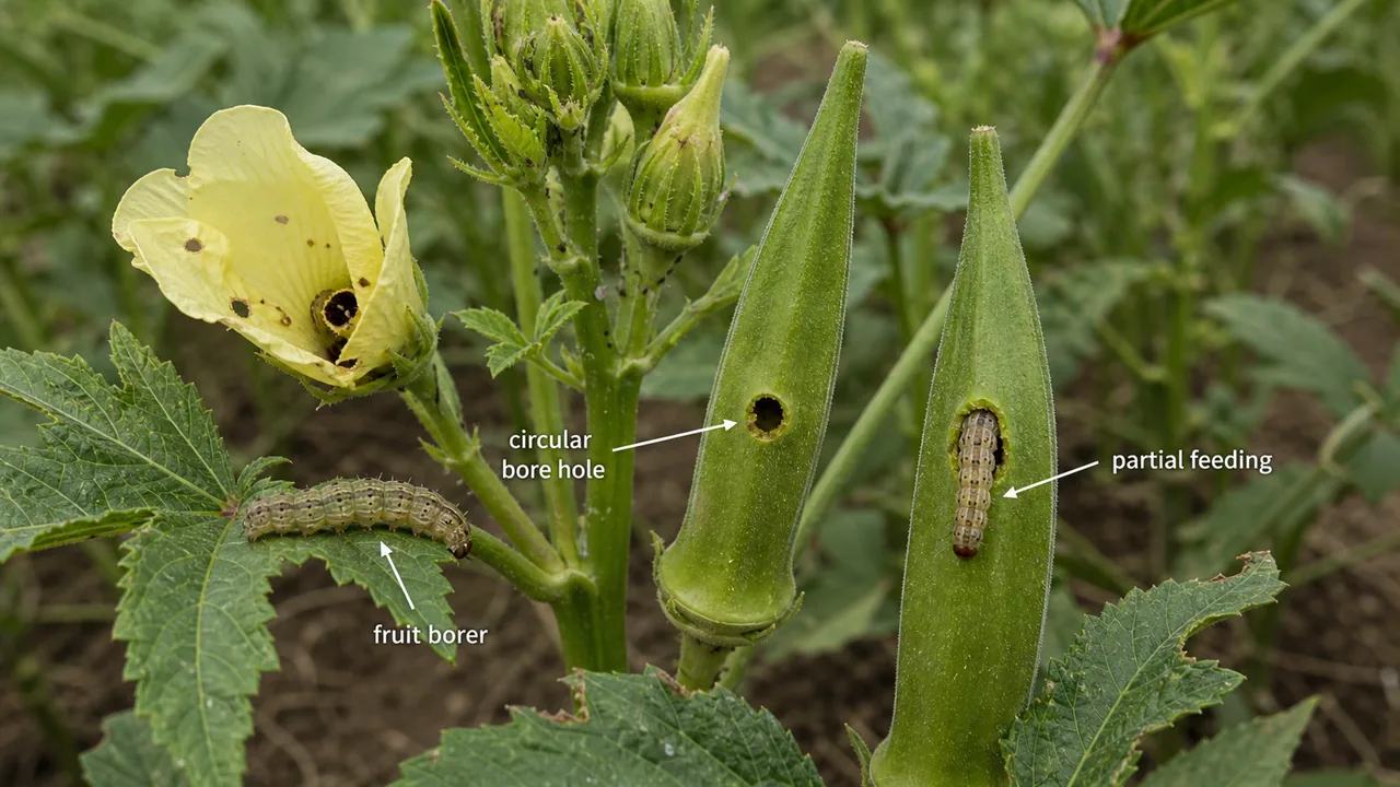 Okra fruit borer damage showing circular bore holes and Helicoverpa caterpillar partially inserted into okra pods