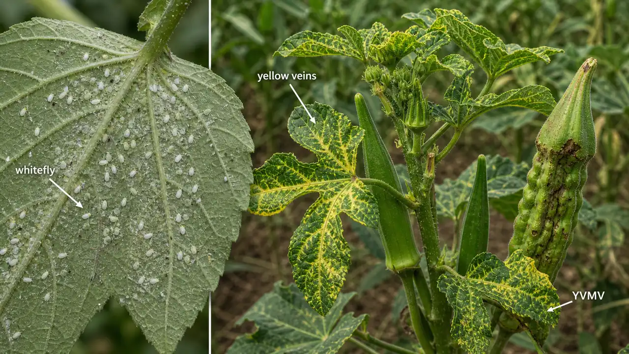 Okra whitefly infestation showing whitefly colonies and yellow vein mosaic virus symptoms on okra leaves