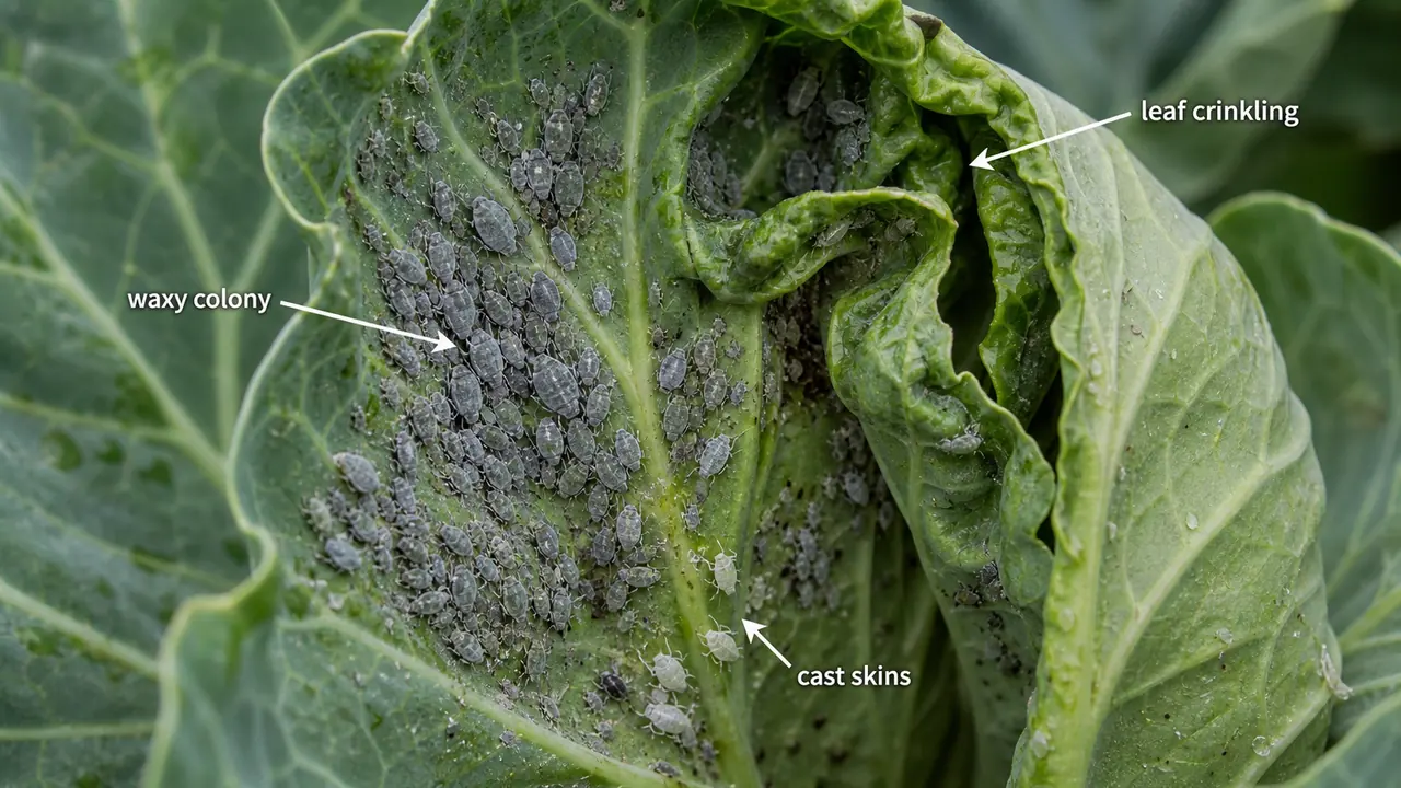 Cabbage aphid colonies on cabbage showing waxy grey colonies, leaf crinkling, and white cast skins