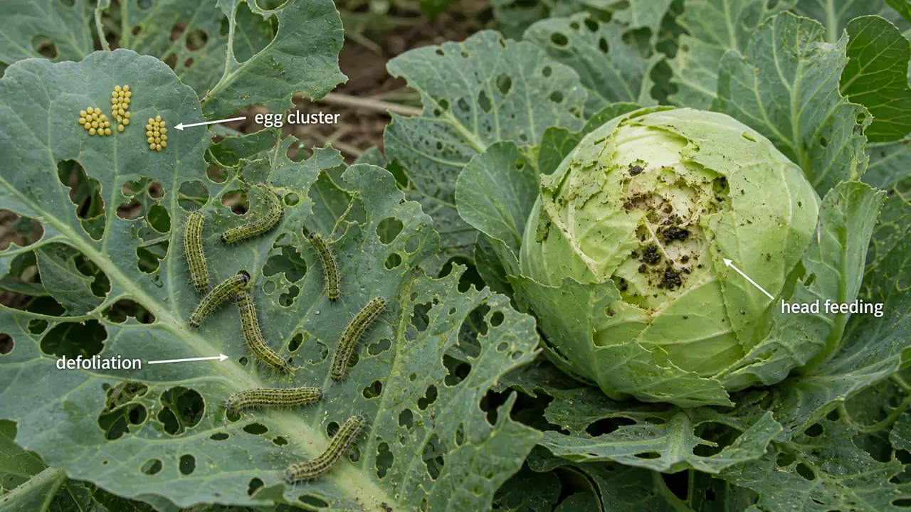 Cabbage butterfly damage showing yellow egg clusters, defoliating larvae, and feeding on the cabbage head